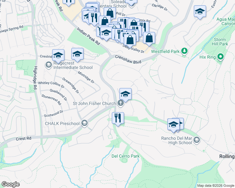 map of restaurants, bars, coffee shops, grocery stores, and more near 28958 Crestridge Road in Rancho Palos Verdes