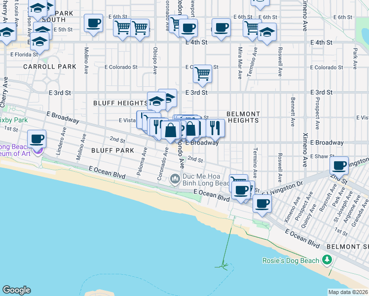 map of restaurants, bars, coffee shops, grocery stores, and more near 218 Redondo Avenue in Long Beach