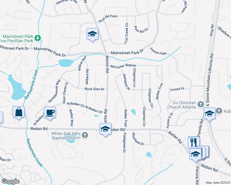 map of restaurants, bars, coffee shops, grocery stores, and more near 5183 McCarter Court in Stone Mountain