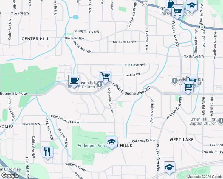 map of restaurants, bars, coffee shops, grocery stores, and more near 323 Anderson Avenue Northwest in Atlanta