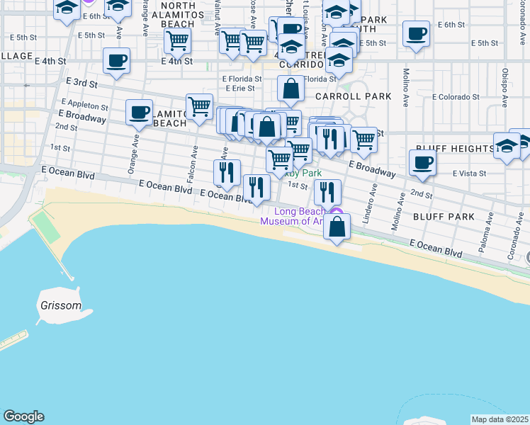 map of restaurants, bars, coffee shops, grocery stores, and more near 25 South 15th Place in Long Beach