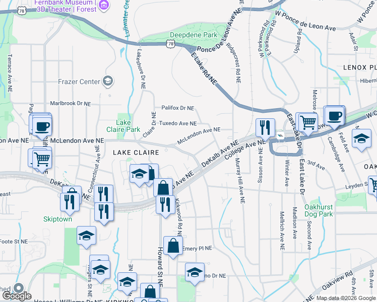map of restaurants, bars, coffee shops, grocery stores, and more near 2038 Howard Circle Northeast in Atlanta