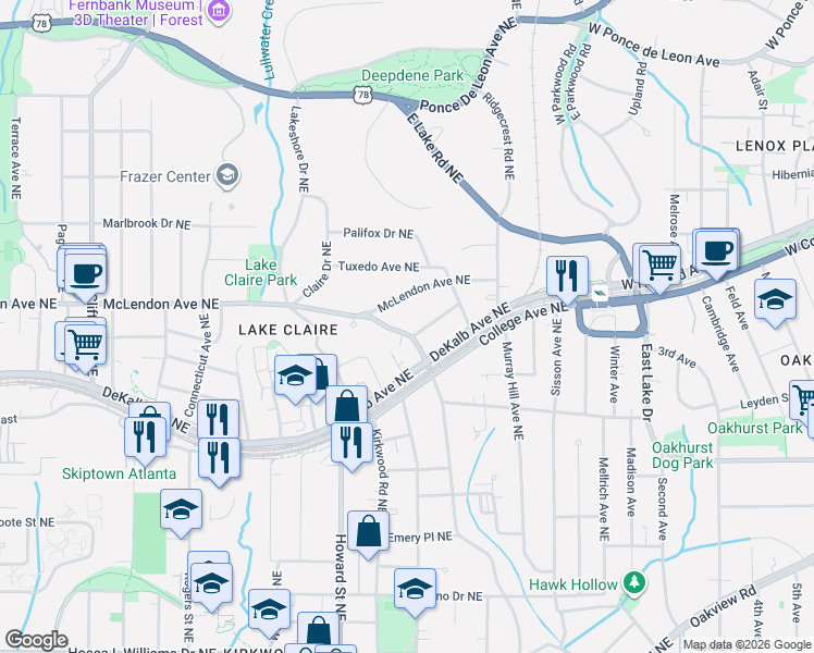 map of restaurants, bars, coffee shops, grocery stores, and more near 2040 Howard Circle Northeast in Atlanta