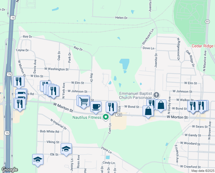 map of restaurants, bars, coffee shops, grocery stores, and more near 101 Mauk Circle in Denison