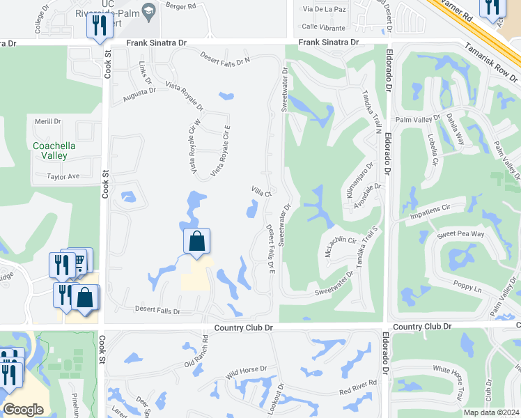 map of restaurants, bars, coffee shops, grocery stores, and more near 227 Desert Falls Drive East in Palm Desert