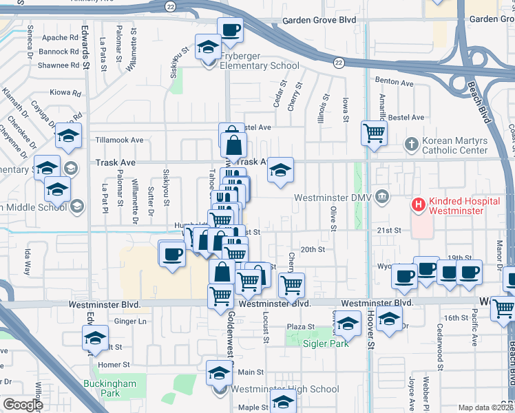 map of restaurants, bars, coffee shops, grocery stores, and more near 7112 Fenway Drive in Westminster