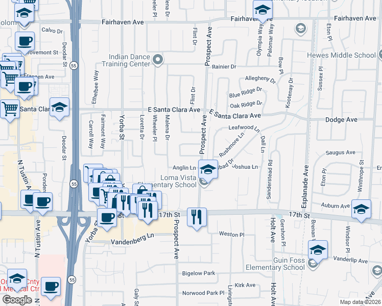 map of restaurants, bars, coffee shops, grocery stores, and more near 17691 Anglin Lane in Tustin