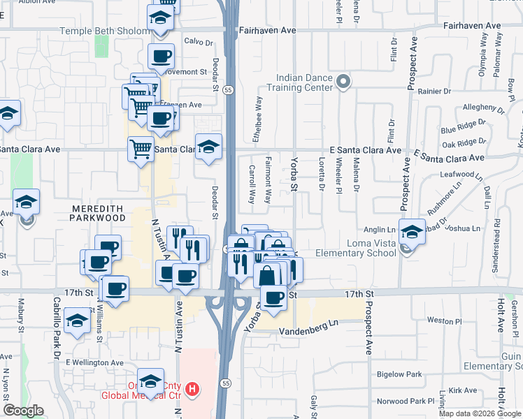 map of restaurants, bars, coffee shops, grocery stores, and more near 17331 Bonner Drive in Tustin