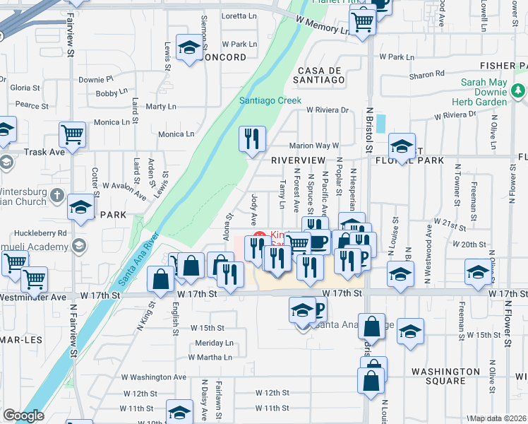 map of restaurants, bars, coffee shops, grocery stores, and more near 2101 Candis Avenue in Santa Ana