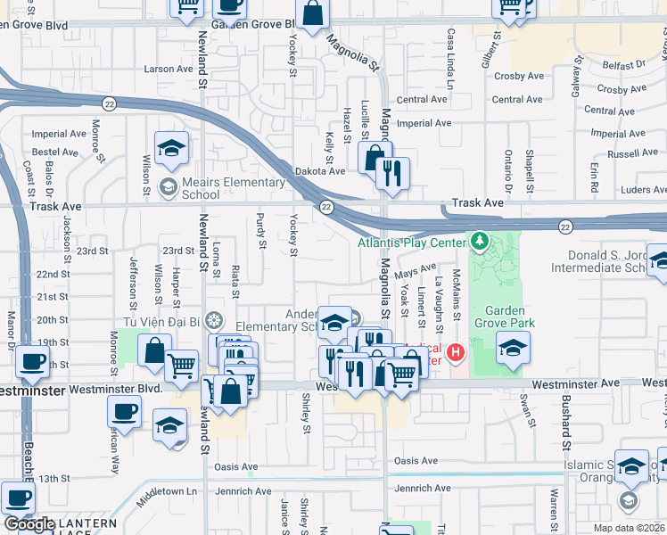 map of restaurants, bars, coffee shops, grocery stores, and more near 8841 Mays Avenue in Garden Grove