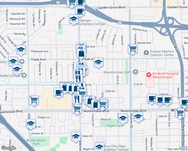 map of restaurants, bars, coffee shops, grocery stores, and more near 13694 Locust Circle in Westminster