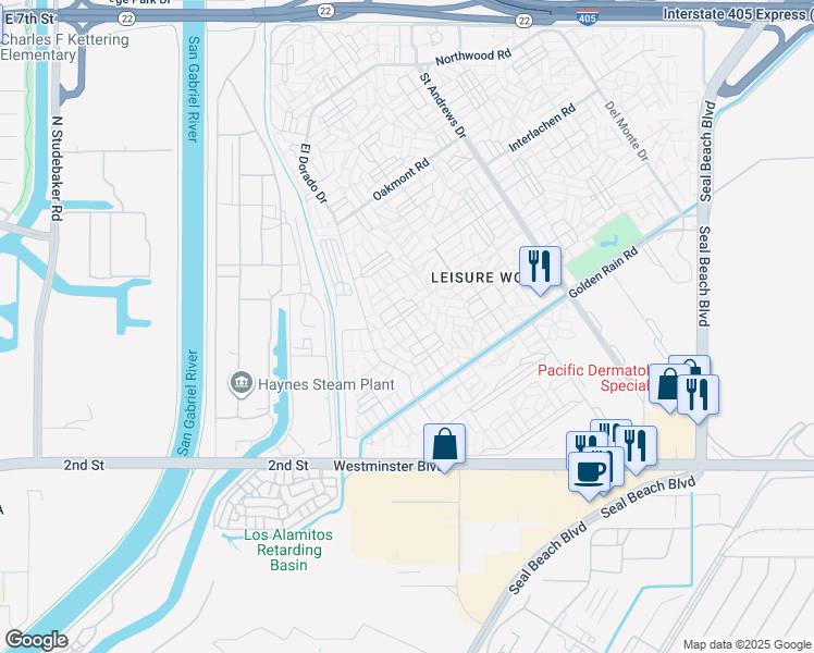 map of restaurants, bars, coffee shops, grocery stores, and more near 1301 Skokie Road in Seal Beach
