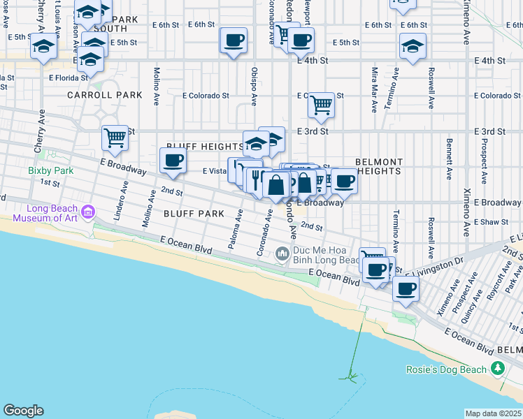 map of restaurants, bars, coffee shops, grocery stores, and more near 3300 2nd Street in Long Beach