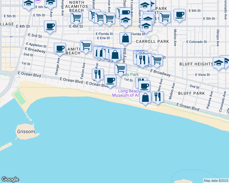 map of restaurants, bars, coffee shops, grocery stores, and more near 19 Junipero Avenue in Long Beach