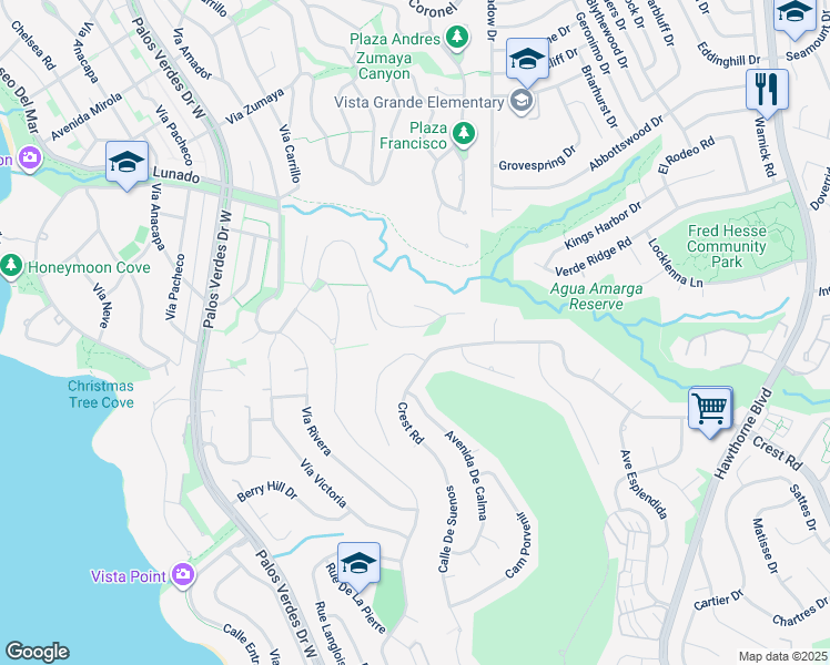 map of restaurants, bars, coffee shops, grocery stores, and more near 7071 Crest Road in Rancho Palos Verdes