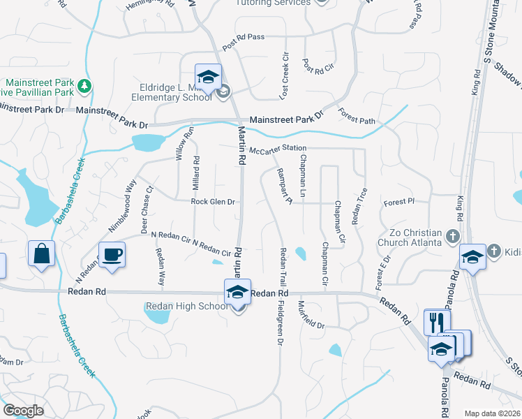 map of restaurants, bars, coffee shops, grocery stores, and more near 5183 McCarter Court in Stone Mountain