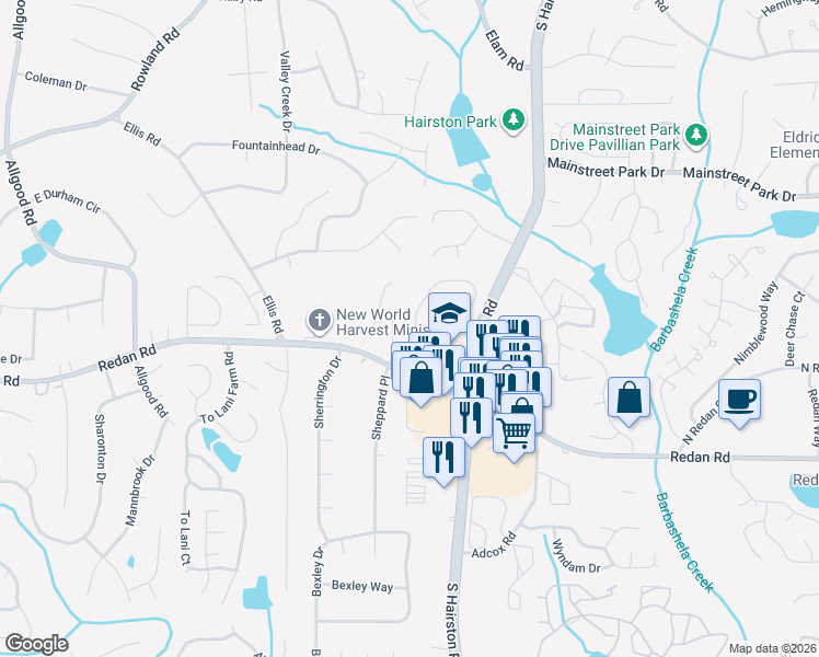 map of restaurants, bars, coffee shops, grocery stores, and more near 823 Ashton Oak Circle in Stone Mountain