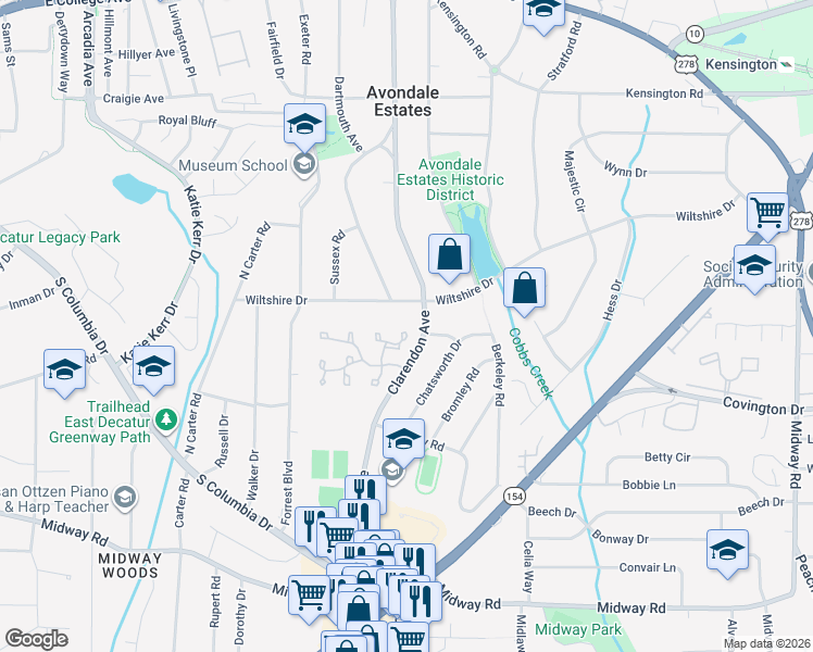 map of restaurants, bars, coffee shops, grocery stores, and more near 72 Sutton Place in Avondale Estates