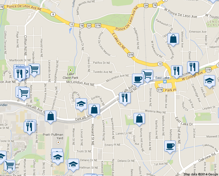 map of restaurants, bars, coffee shops, grocery stores, and more near 2038 Howard Circle Northeast in Atlanta