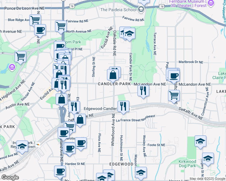 map of restaurants, bars, coffee shops, grocery stores, and more near 340 Oakdale Road Northeast in Atlanta