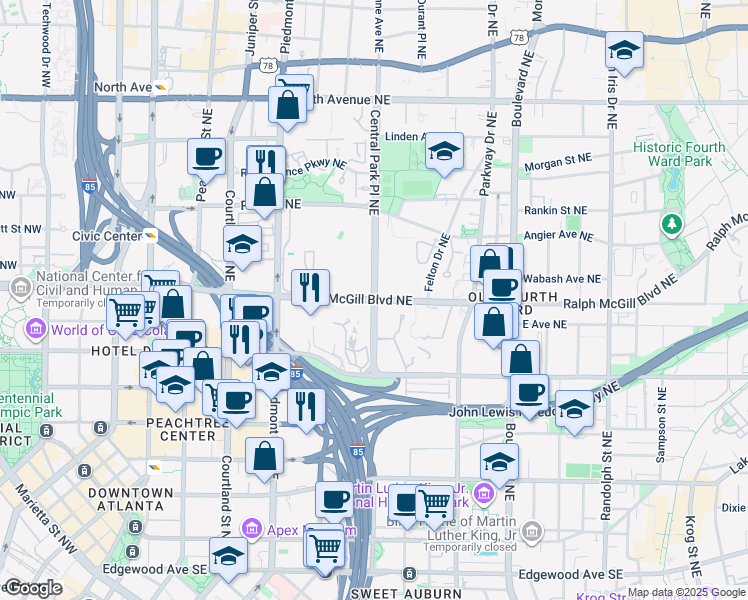 map of restaurants, bars, coffee shops, grocery stores, and more near 315 Ralph McGill Boulevard Northeast in Atlanta