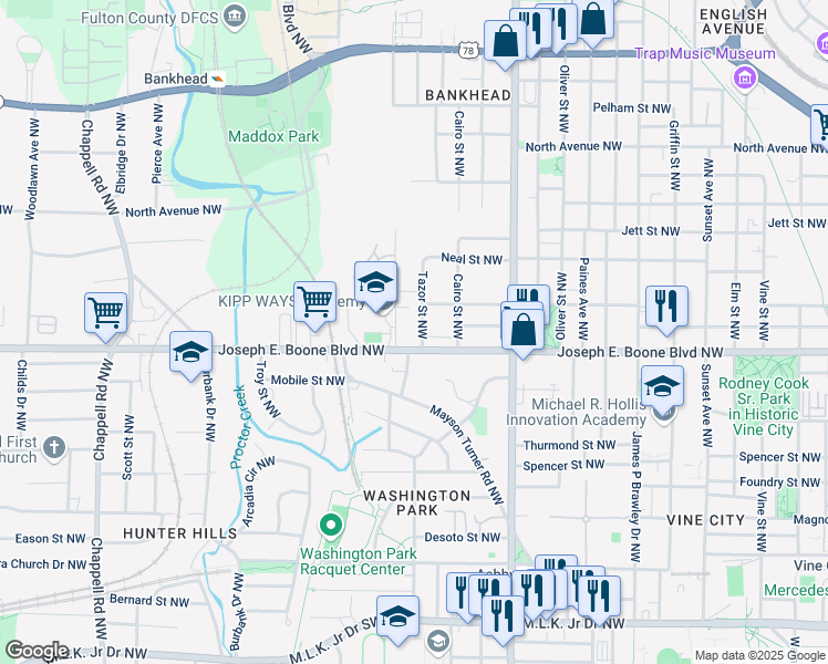 map of restaurants, bars, coffee shops, grocery stores, and more near 346 Tazor Street Northwest in Atlanta