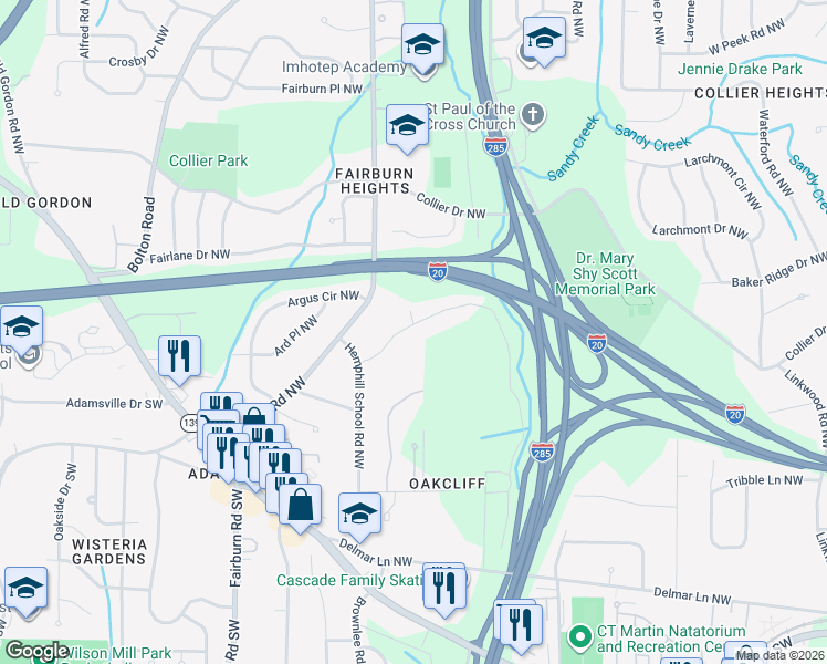map of restaurants, bars, coffee shops, grocery stores, and more near 3376 Lake Valley Road Northwest in Atlanta