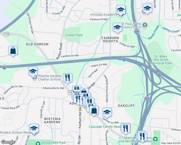 map of restaurants, bars, coffee shops, grocery stores, and more near 288 Ard Place Northwest in Atlanta