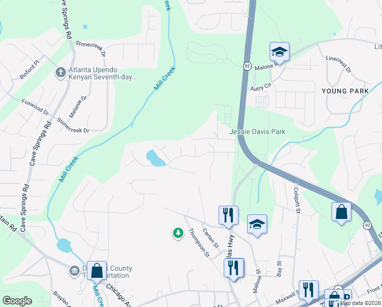 map of restaurants, bars, coffee shops, grocery stores, and more near 7802 Ridge Side Way in Douglasville