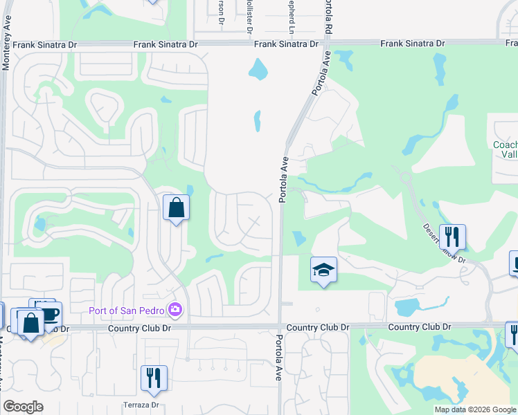 map of restaurants, bars, coffee shops, grocery stores, and more near 39257 Desert Greens Drive East in Palm Desert