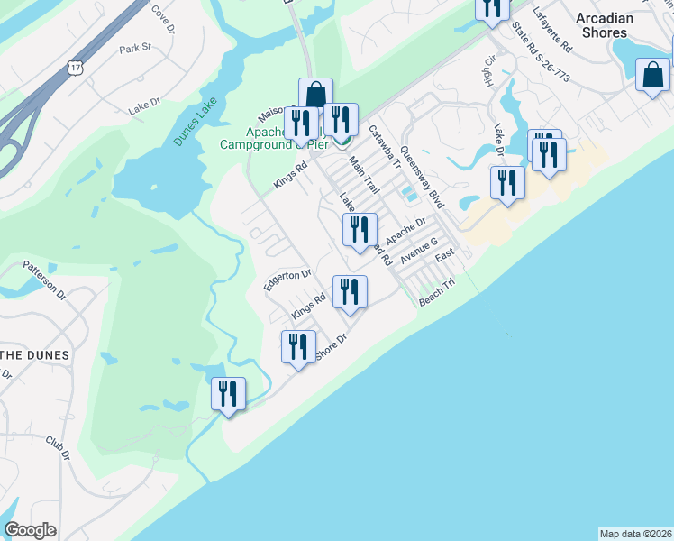 map of restaurants, bars, coffee shops, grocery stores, and more near 202 Maison Drive in Myrtle Beach