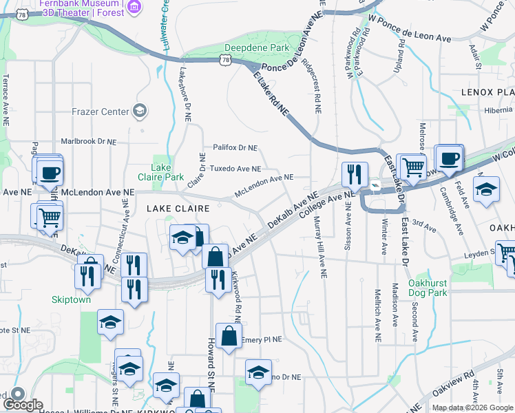 map of restaurants, bars, coffee shops, grocery stores, and more near 2044 Howard Circle Northeast in Atlanta