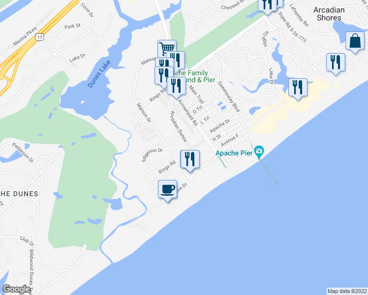 map of restaurants, bars, coffee shops, grocery stores, and more near 202 Maison Drive in Myrtle Beach