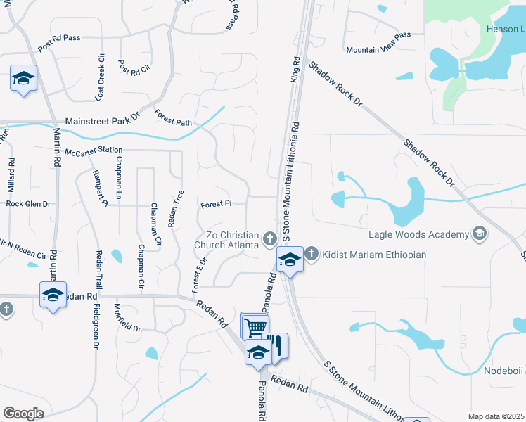 map of restaurants, bars, coffee shops, grocery stores, and more near 1027 North Born Road in Stone Mountain