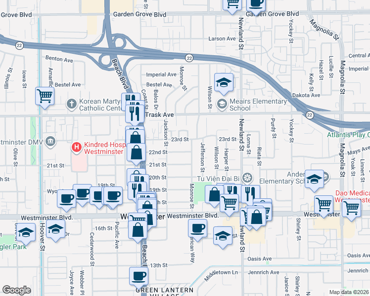 map of restaurants, bars, coffee shops, grocery stores, and more near 8211 22nd Street in Westminster