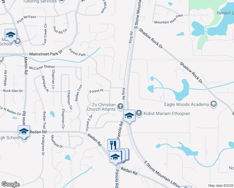 map of restaurants, bars, coffee shops, grocery stores, and more near 1027 North Born Road in Stone Mountain