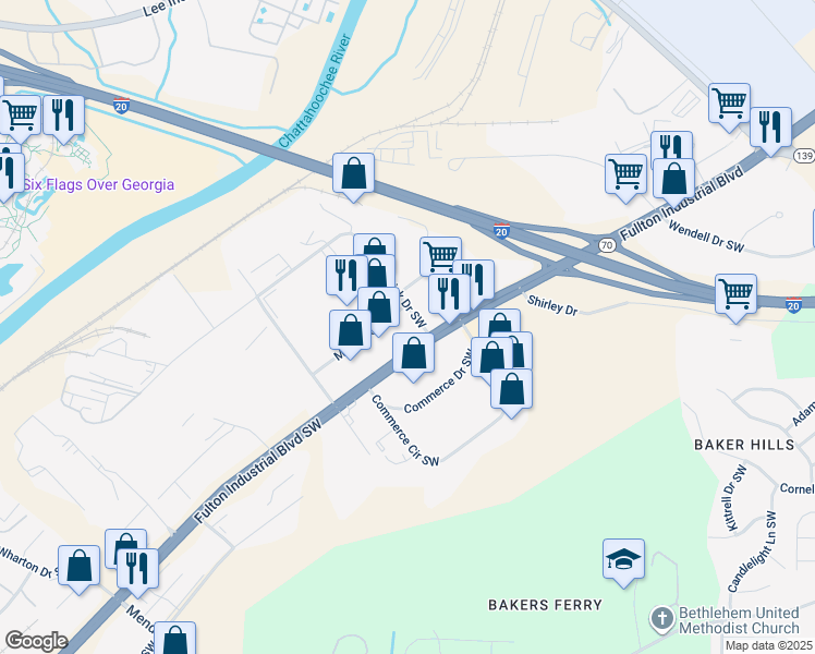 map of restaurants, bars, coffee shops, grocery stores, and more near 4430 Frederick Drive Southwest in Atlanta