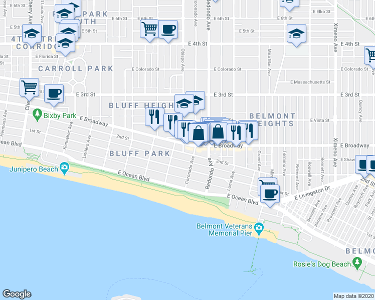 map of restaurants, bars, coffee shops, grocery stores, and more near 3207 East 2nd Street in Long Beach