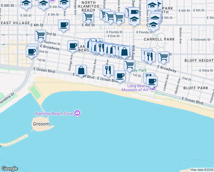map of restaurants, bars, coffee shops, grocery stores, and more near 1700 Bluff Place in Long Beach