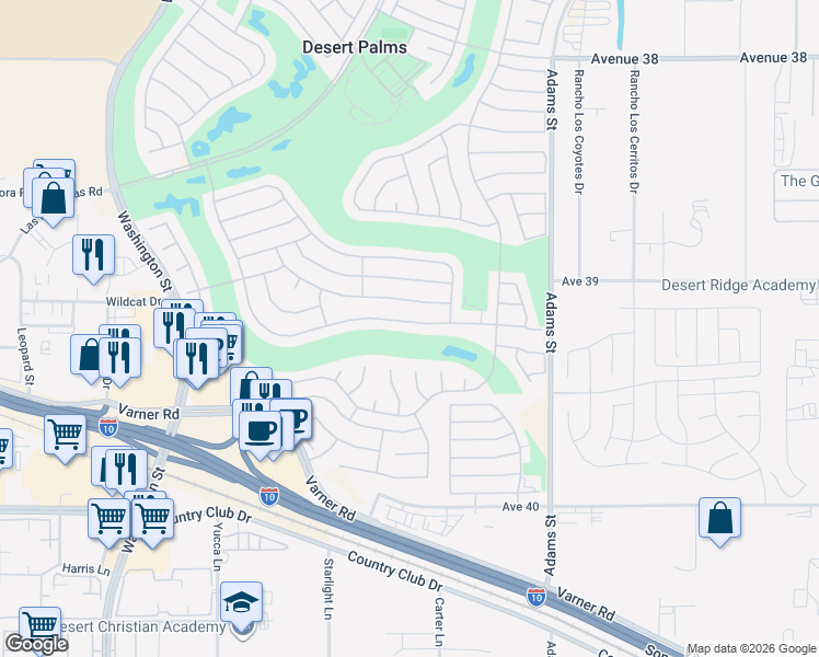 map of restaurants, bars, coffee shops, grocery stores, and more near 78725 Golden Reed Drive in Palm Desert