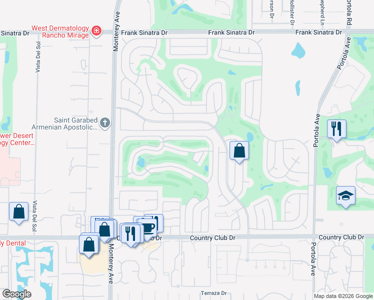 map of restaurants, bars, coffee shops, grocery stores, and more near 73450 Country Club Drive in Palm Desert