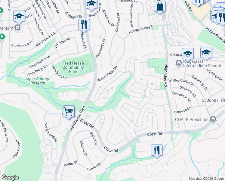 map of restaurants, bars, coffee shops, grocery stores, and more near 35 Peartree Lane in Rolling Hills Estates