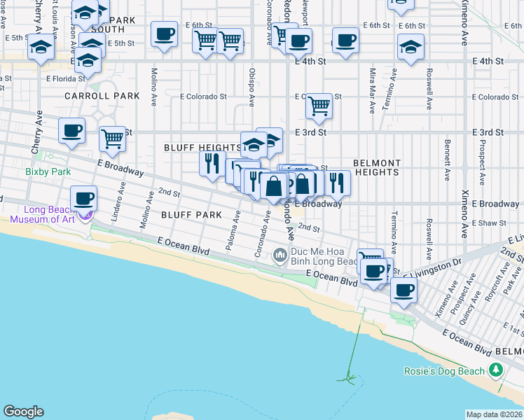 map of restaurants, bars, coffee shops, grocery stores, and more near 3300 2nd Street in Long Beach