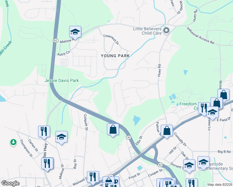 map of restaurants, bars, coffee shops, grocery stores, and more near 6399 Harvester Circle in Douglasville
