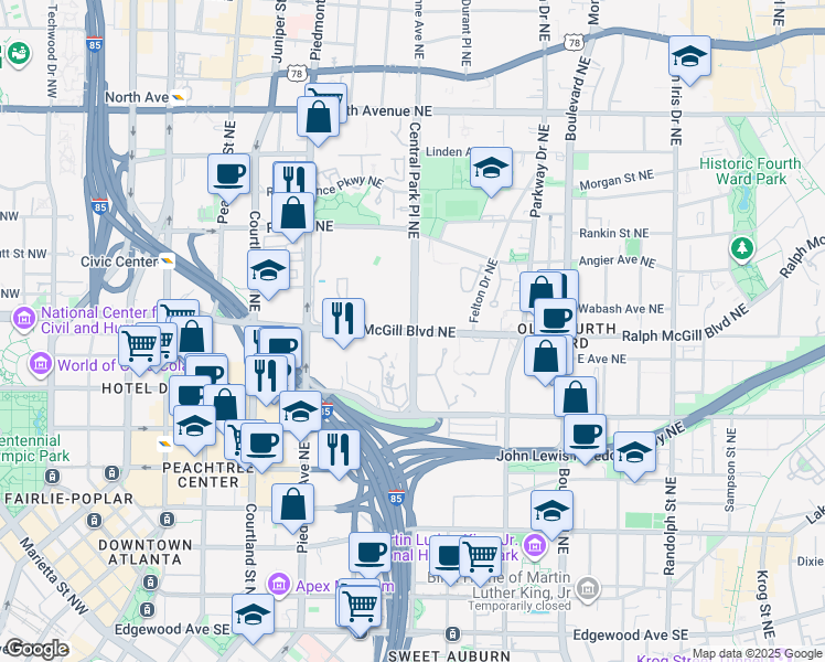map of restaurants, bars, coffee shops, grocery stores, and more near 315 Ralph McGill Boulevard Northeast in Atlanta