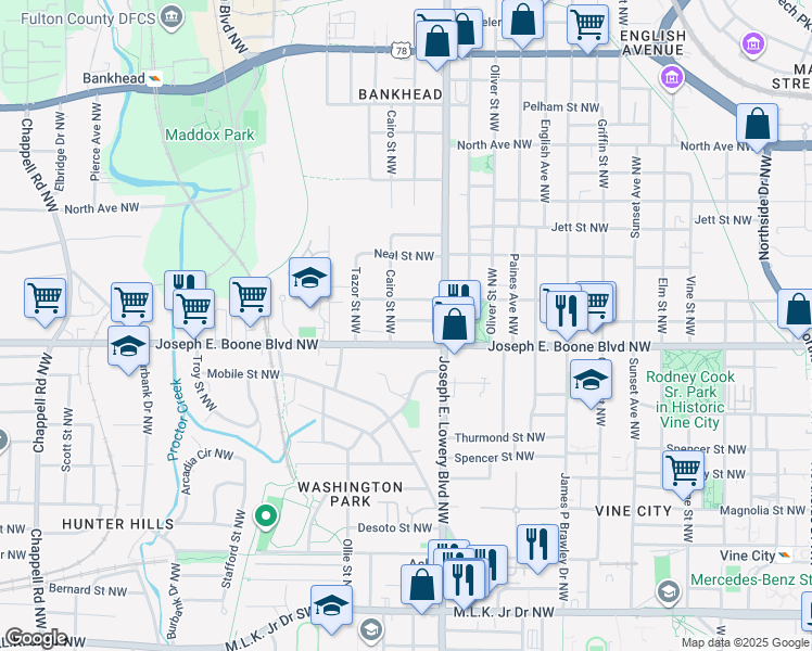 map of restaurants, bars, coffee shops, grocery stores, and more near 943 Joseph E. Boone Boulevard Northwest in Atlanta