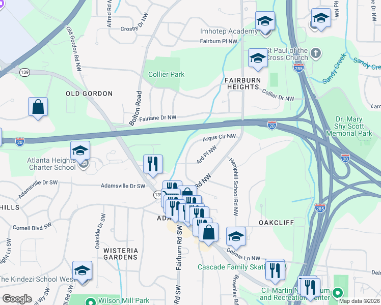 map of restaurants, bars, coffee shops, grocery stores, and more near 288 Ard Place Northwest in Atlanta