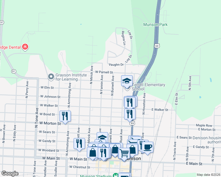 map of restaurants, bars, coffee shops, grocery stores, and more near 404 West Elm Street in Denison