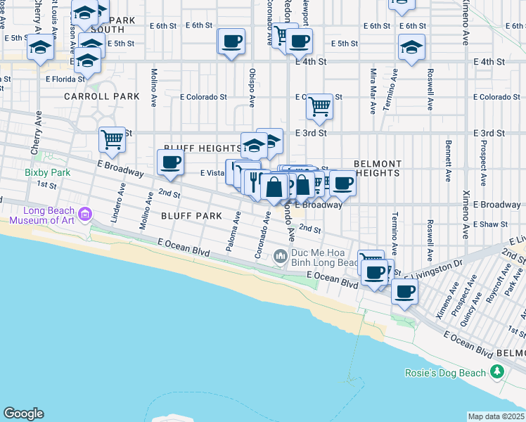 map of restaurants, bars, coffee shops, grocery stores, and more near 3300 2nd Street in Long Beach
