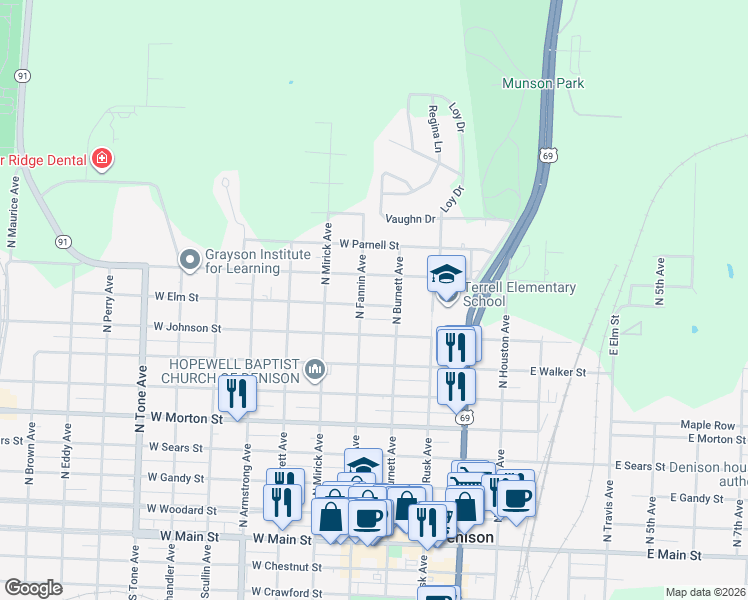 map of restaurants, bars, coffee shops, grocery stores, and more near 404 West Elm Street in Denison
